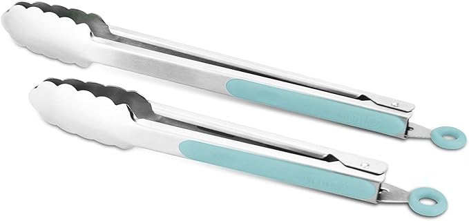 ALLWIN-HOUSEWARE W 304 Stainless Steel Kitchen Cooking Tongs, 9" and 12" Set of 2 Sturdy Grilling Barbeque Brushed Locking Food Tongs with Ergonomic Grip, Aqua Sky