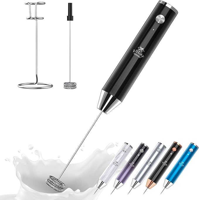 Zulay Kitchen Lux Electric Milk Frother Rechargeable Handheld - Powerful 2-Speed Motor, Waterproof, 2000mAh Battery - Drink Mixer for Latte, Cappuccino, Matcha & Protein Powder - Obsidian Black