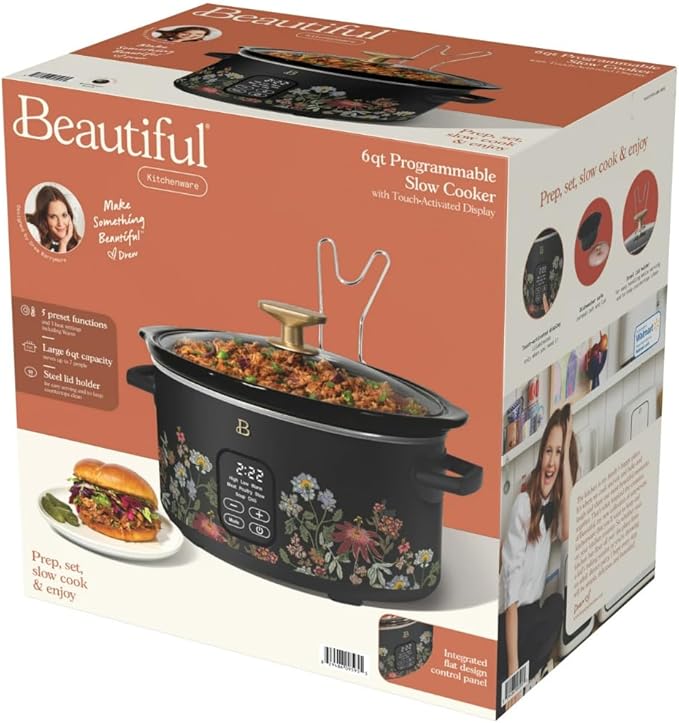 Beautiful 6 Quart Programmable Slow Cooker by Drew Barrymore ??Large Capacity, Ceramic Removable Pot, Tempered Glass Lid, Dishwasher Safe, Auto Keep Warm (Wildflower Black Sesame)