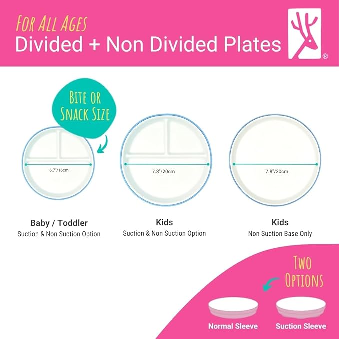 Elk and Friends Kids 7.8??Porcelain White Plates with Silicone Sleeves + Lids | Suitable for Babies/Toddlers | Microwave & Dishwasher Safe | Non Slip Dinnerware | Snack Dishes | 4 Pack