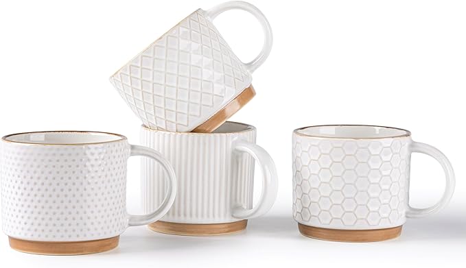 GBhome 8OZ Stackable Coffee Mugs, Ceramic Coffee Mugs with Texture Patterns for Man,Woman,Dad,Mom, Modern Coffee Cups Set of 4 for Espresso/Cappuccino. Dishwasher&Microwave Safe