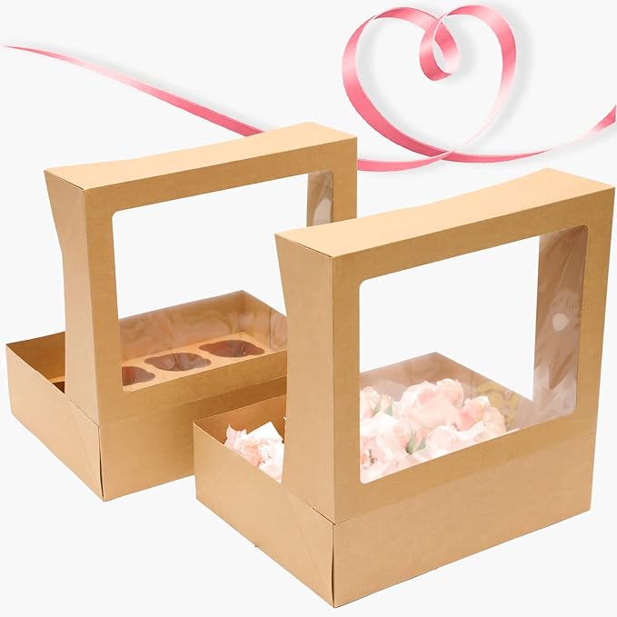 qiqee Auto-pop Up Cupcake Boxes with Window Brown 40PCS 12 Count Cupcake Box 13"x10"x3.5" Cupcakes Carrier, 12 Cupcake Containers with 2 rolls of pink ribbons
