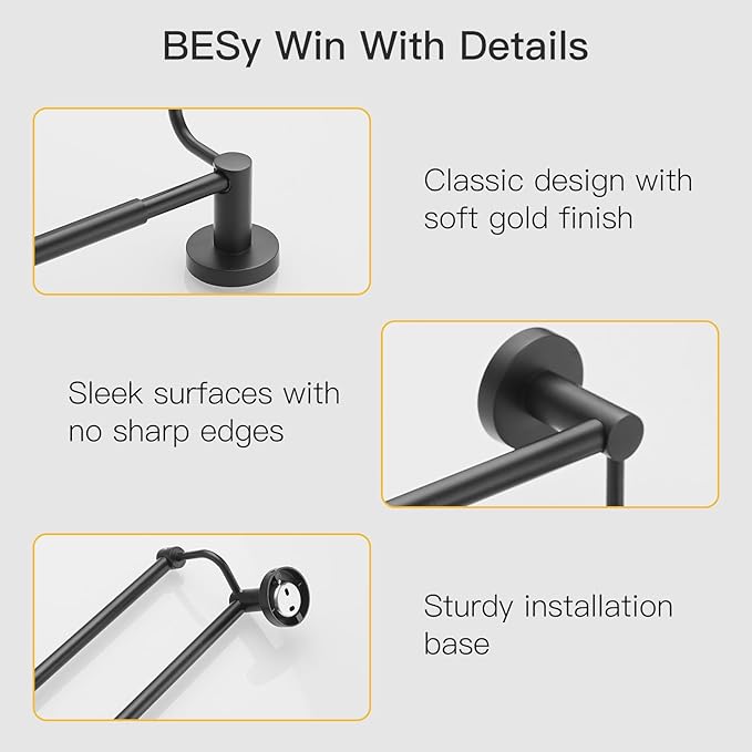 BESy Adjustable 16-26 Inches Double Bath Towel Bar for Bathroom SUS304 Stainless Steel Towel Holder, Hotel Style Wall Mount with Screws Hand Towel Bar Towel Rack Rod Hanger, Matte Black Finish