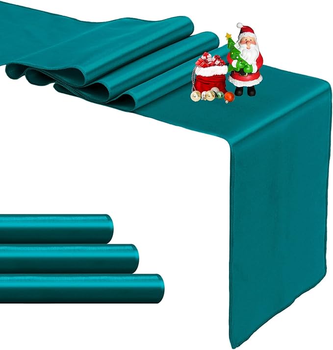 4-Pack Peacock Blue Satin Table Runner 12 x 108 Inch Long Bright and Smooth Silk Fabric Table Runner for Wedding Banquet Birthday Party Decoration