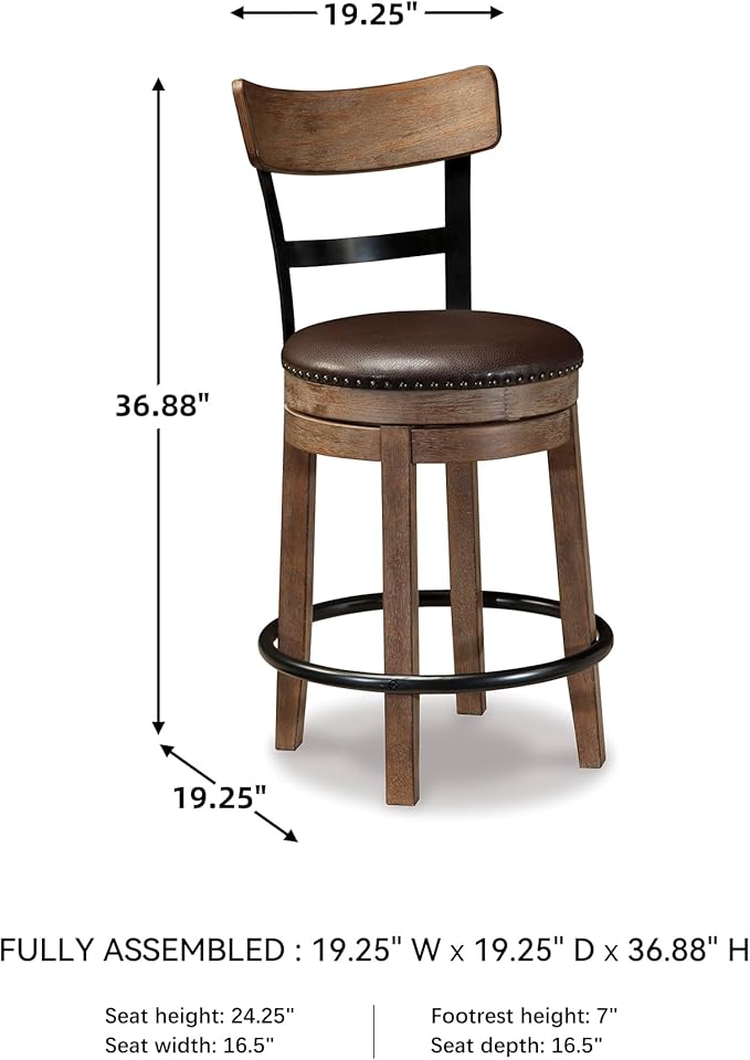 Signature Design by Ashley Pinnadel |24.25" Counter-Height Swivel Bar Stool ??Modern Farmhouse, Faux Leather, 360째 Swivel, Nailhead Trim, Rustic Light Brown