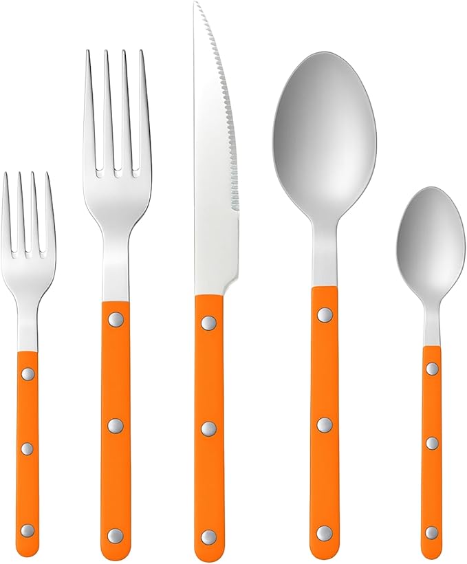 Khen 20-Piece Cutlery Set with Dinner Knives, Forks, Spoons, Salad Forks & Teaspoons ??Durable and Dishwasher Safe Utensil Set for Home, Kitchen, Parties & Special Occasions ??Orange Handle