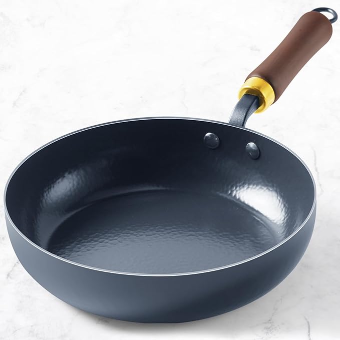 Nonstick Frying Pan, 9.5-Inch Enameled Carbon Steel Pan, Stay-Cool Wooden Handle Stir-Fry Pan, Non Toxic, PTFE & PFOA Free Oven-Safe, Season-Free Carbon Steel Skillet For All Stovetops