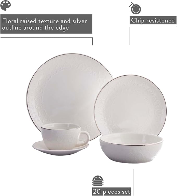Corona 20?뱎iece Silver-Rim Elegant Embossed Floral Pattern Ceramic Dinnerware Sets, Plates Bowls and Cups, Service For 4, Harmony
