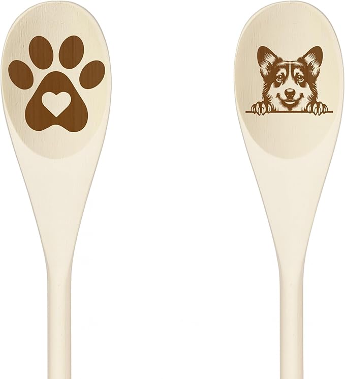 CORGI Wooden Spoons for Cooking, Serving or Decorative Kitchen Utensils Set Dog Lover Dog Mom/Dad Gift with Peeking Dog Designs, Paw Print and Dog Head, Kitchen Utensils Set of 2