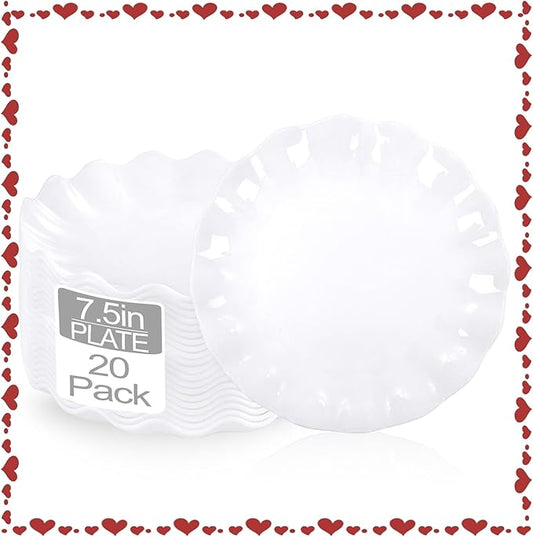 LIYH 20 Pcs 7.5 Inch White Dessert Scalloped Plastic Plates Reusable - Unbreakable Plastic Cake Plates for Weddings Party Outdoor Picnics Dishwasher Safe BPA Free Valentine's & Mother's Day