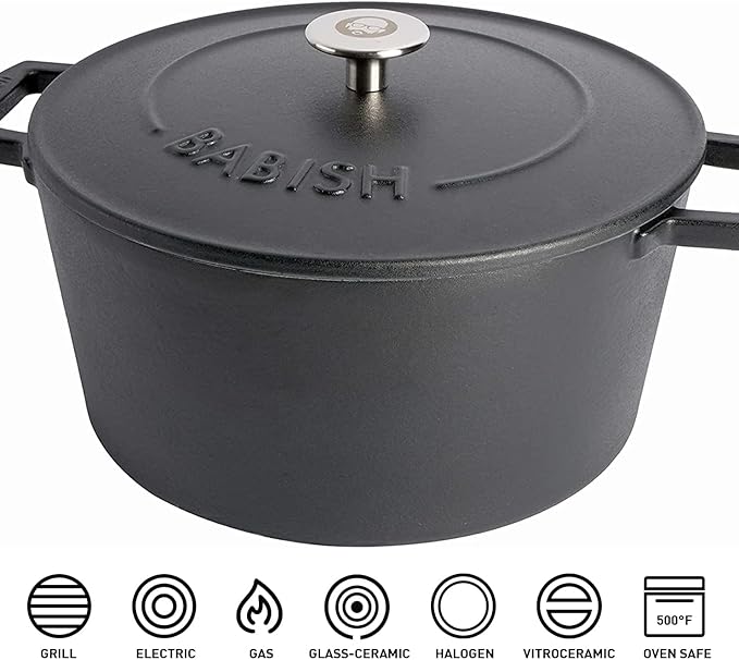Babish 6-Quart Round Enameled Cast Iron Dutch Oven with Lid ??Matte Black, Heavy-Duty Dutch Oven for Slow Cooking, Braising & Baking
