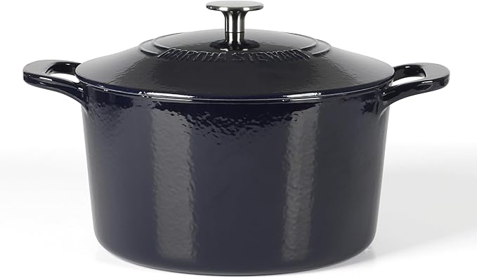 Martha Stewart Gatwick 7 QT Enamel Cast Iron Dutch Oven ??Navy Blue, Heavy-Duty Durable Dutch Oven for Slow Cooking, Braising, and Baking