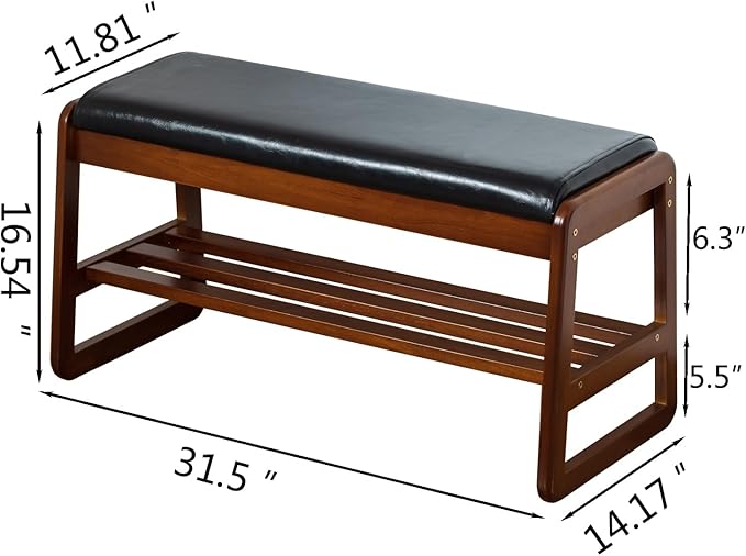 SOBIBO Solid Wood Shoe Bench, 2-Tier Entryway Bench with Cushion and Flip-Open Storage Box, Mid-Century Modern Shoe Bench Rack for Hallway, Mudroom(Black, 31.5'')