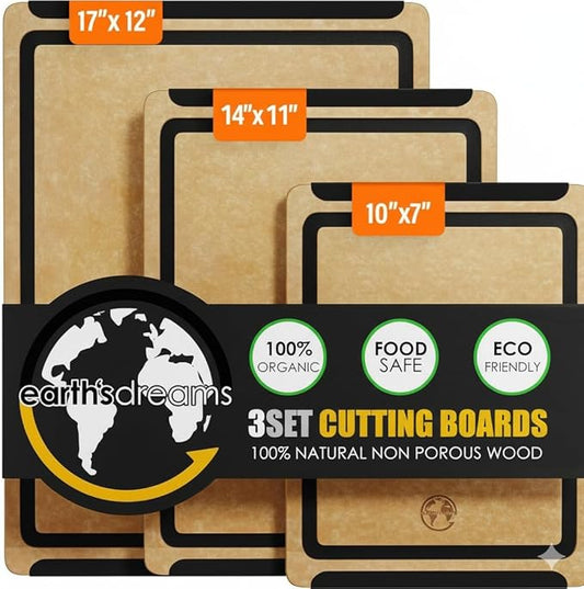 Earth?셲 Dreams Wood Cutting Board Set 3-Piece: Small, Large & Extra Large - Charcuterie Board, Non-Plastic, Non-Toxic, Heavy-Duty, Dishwasher Safe (Tan/Black)
