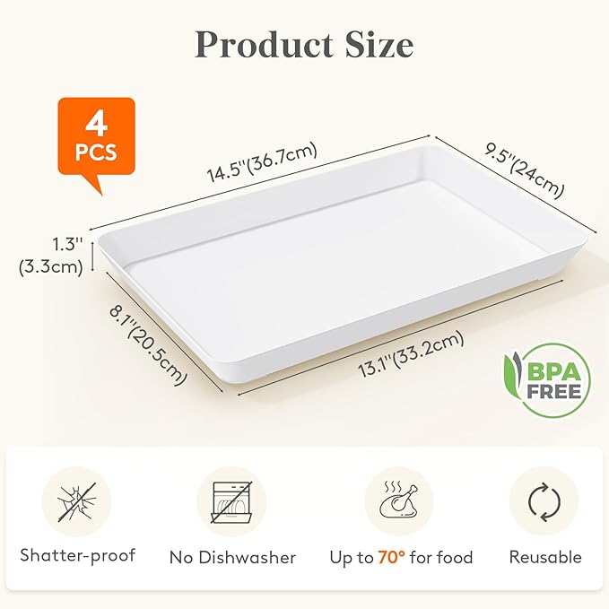 Lifewit 4 Pcs Plastic Serving Trays for Party, 15" x 10" White Trays for Serving Food, Reusable Large Platters for Buffet, Appetizer, Fruit, Dessert, Veggie, New Year Party Supplies, Rectangle