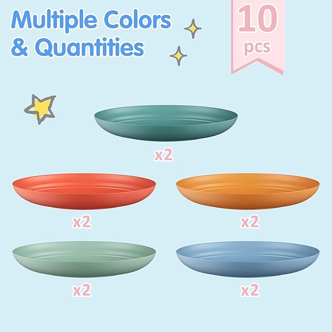 Quatish 10 PCS Unbreakable Reusable Plastic Plates,8 inch Dishwasher & Microwave Safe Dinner Plate, Easy-to-Clean Lightweight,Portable for Kitchen & Picnics Wheat Straw Plates（ Multi-Color）