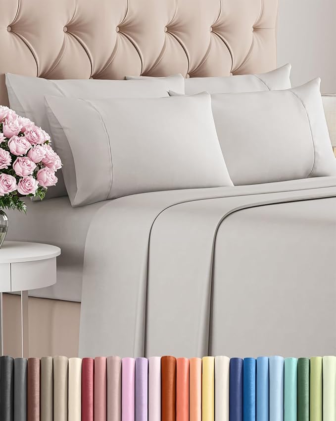 Cal King Sheets Set 6 Piece - Includes 4 Pillowcases - Bed Sheets Cal King - Soft Hotel Luxury Bedding - Cooling, Comfy & Breathable - 1 Flat & 1 Fitted & 4 Pillowcases w/ Deep Pockets - French Grey