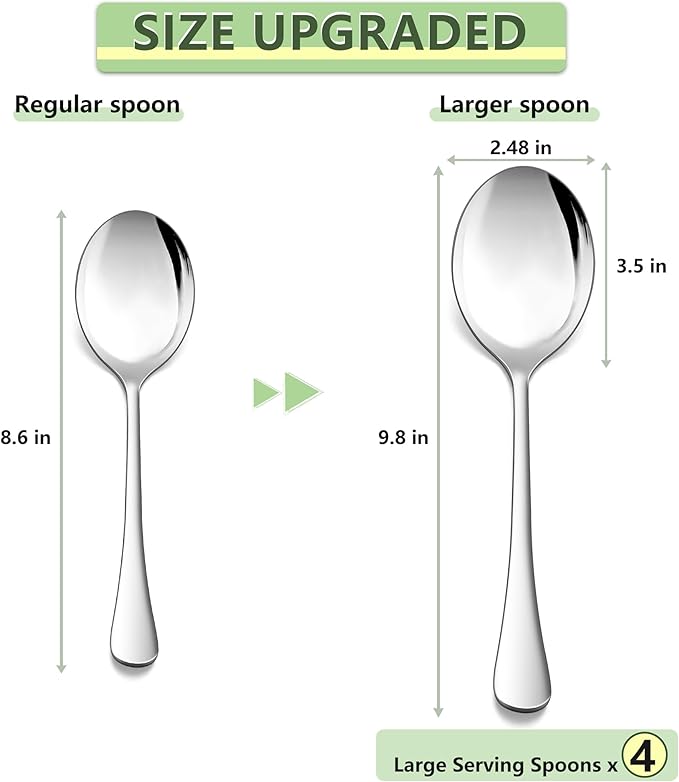 E-far Large Serving Spoons Set of 4, 9.8 Inch Stainless Steel Serving Utensils Set, Big Buffet Spoons for Party Catering Wedding Kitchen Restaurant, Dishwasher Safe