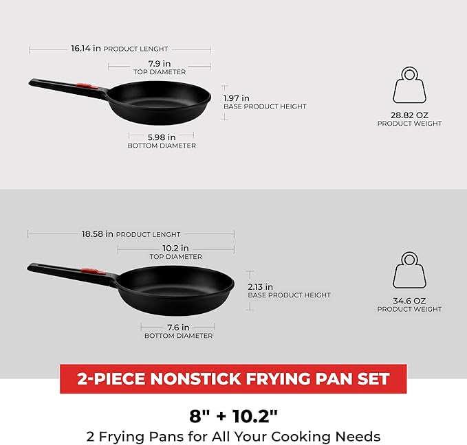 BRA COOKWARE Infinity 2-Piece Nonstick Frying Pan Set | 8 & 10.2 Inch Cast Aluminum Skillet Set | PFOA/PFAS Free Fry Pans | All Cooktops incl. Induction | Oven Safe Searing Skillets
