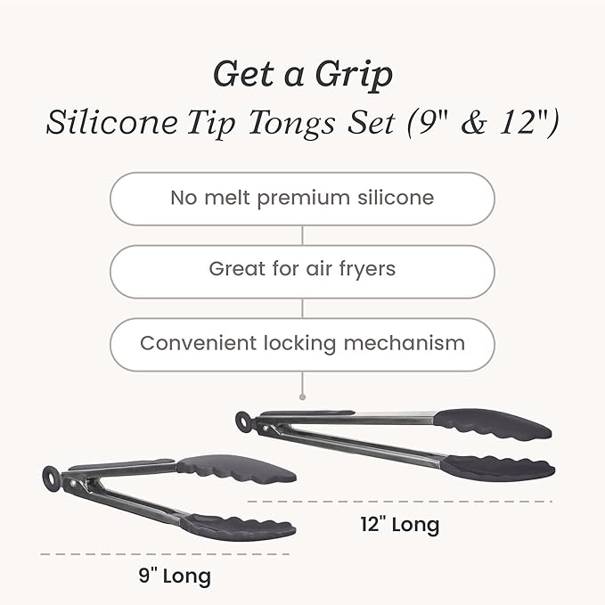 StarPack Premium Silicone Kitchen Tongs Set of 2 (9-Inch & 12-Inch) - Stainless Steel with Non-Stick Silicone Tips, High Heat Resistant to 480째F, For Cooking, Serving, Grill, BBQ & Salad (Stormy Grey)