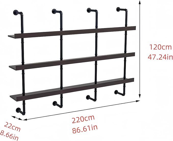 86 Inch Large Wall Mounted Wine Rack, 3 Tier Industrial Pipe Shelf Rustic Wood Floating Shelves, Wall Bar Shelves for Liquor Bottles Display Storage Organizer for Dining Room(Walnut, No Lights)