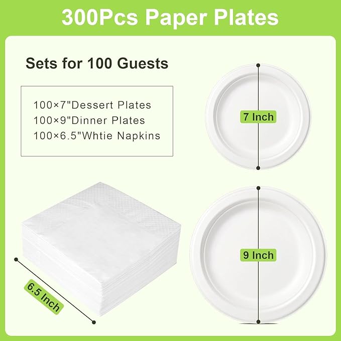 Disposable Paper Plates Set, 7-inch, 9-inch Eco friendly Heavy Duty Plates and Napkins Party Supplies, Compostable Dessert Dinner Paper Plate White, For 100 Guests