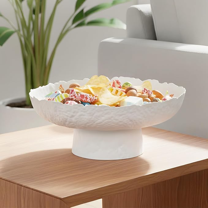 Large Glass Fruit Bowl for Kitchen Counter Decorative Centerpiece Bowl for Table Home D챕co, White Hammered
