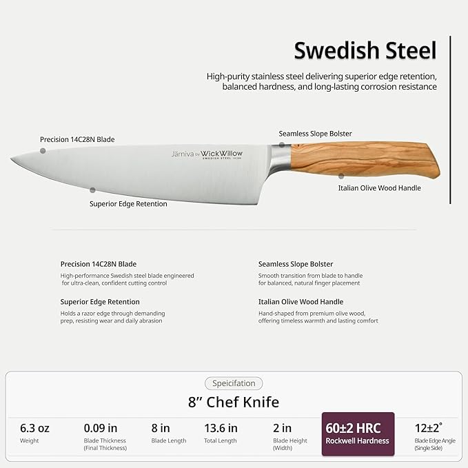 8 Inch Chef Knife ??Razor Sharp Swedish Steel Kitchen Knife with Italian Olive Wood Handle ??Premium Cutting Knife for Meat, Vegetables & Prep ??Gift for Home Cooks & Chefs