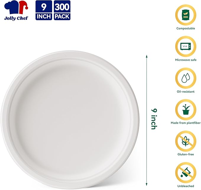 JOLLY CHEF Compostable Heavy Duty Plates 9 Inch [300 Pack] Eco-Friendly Disposable White Paper Plates Bagasse Biodegradable Sugarcane Bulk for Party Dinner Lunch Hot Cold Foods Christmas