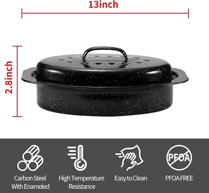 13??Enameled Oval Roasting Pan with Domed Lid - For 7lb Turkey, Chicken, Lamb, Vegetables