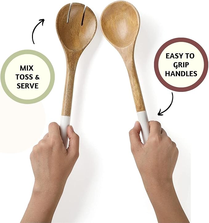 Folkulture Salad Servers or Salad Tongs | Set of 2 (12") Serving Spoons in Kitchen Essentials or Salad Hands Set | Wooden Salad Tongs for Serving | Christmas Gifts for Women Unique