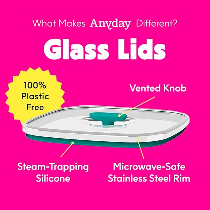 Anyday 10-Cup Square Glass Food Storage with Glass Lid | Plastic-Free Meal Prep & Microwave Cookware | Stackable Airtight Storage Container with Vented Lid for Microwave-Safe Reheating