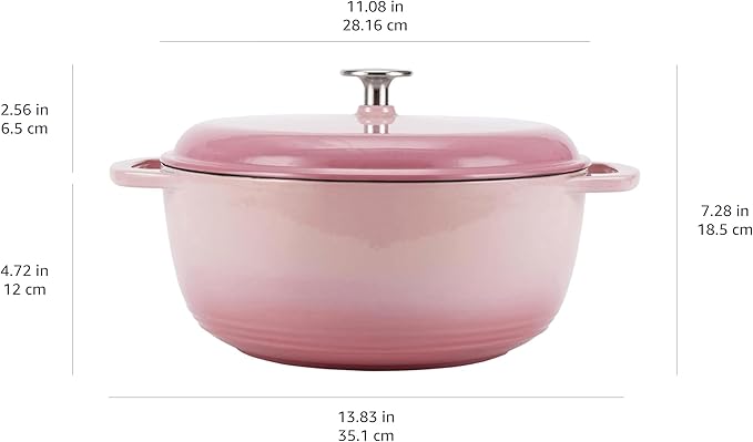 Amazon Basics Cast Iron Dutch Oven Pot with Lid, Enameled, Round, Dual Handles, Heavy-Duty, Medium, 6-Quart, Light Pink