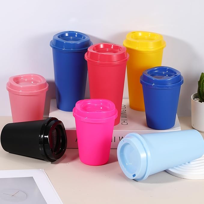 uxcell 4Pcs Reusable Coffee Cups with Lids, 16oz Travel Coffee Mugs Spill Proof Water Tumblers Drinking Cups for Hot and Cold Drinks Juice Tea, Pink