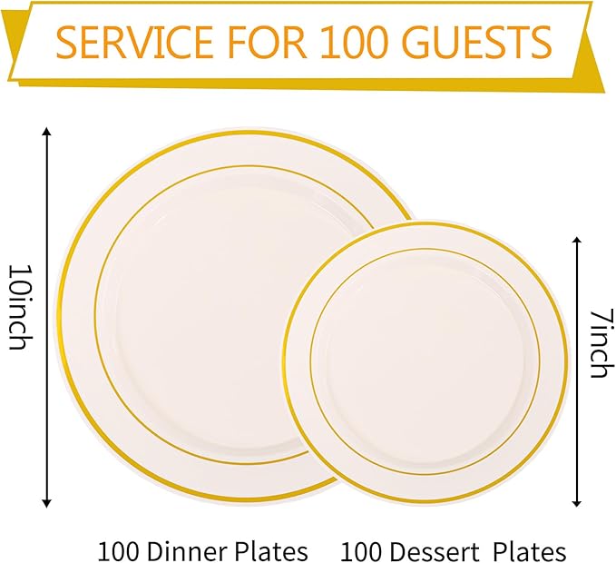 I00000 200 Pcs Gold and Ivory Plastic Plates, Ivory Disposable Party Plates Include 100 Dinner Plate 10?쇺?and 100 Plastic Dessert Plate 7?쇺?Perfect for Birthday, Party & Wedding