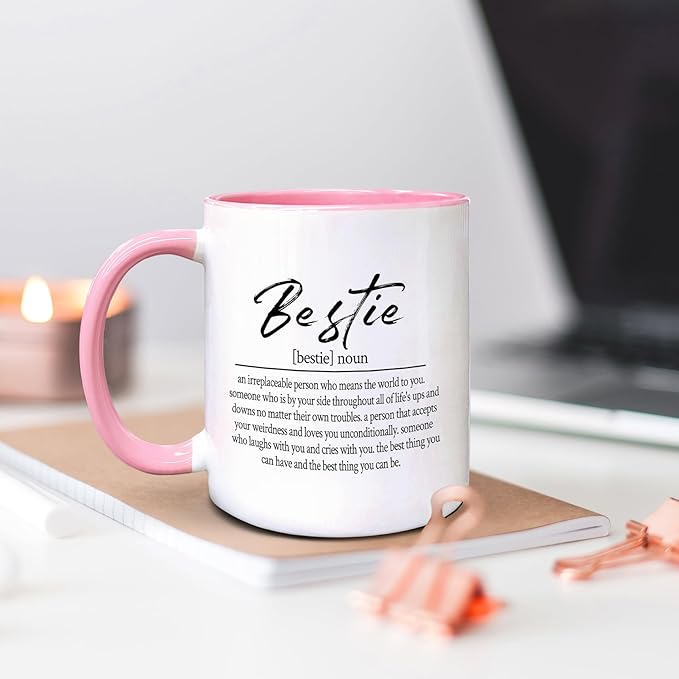 QASHWEY Bestie Definition Coffee Mug, Best Friend Bestie BFF Soul Sister Gifts for Women Teen Girls,Inspirational Friendship Gifts Double Side Printed Ceramic Mug Cup 11 Ounce(Pink)