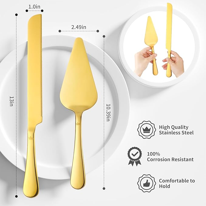 Cake Cutting Set for Wedding - Extended Cake Knife And Server Set Thickened Stainless Steel Cake Cutter and Pie Spatula Great for Birthday Anniversary Christmas Gift Gold 2 Pcs