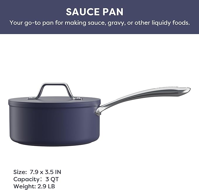 CIARRA Non Stick Frying Pan (10.2") & Ceramic Sauce Pan (3qt) - Non Toxic, PTFE & PFOA Free - Oven Safe & Compatible with All Stovetops, Blue