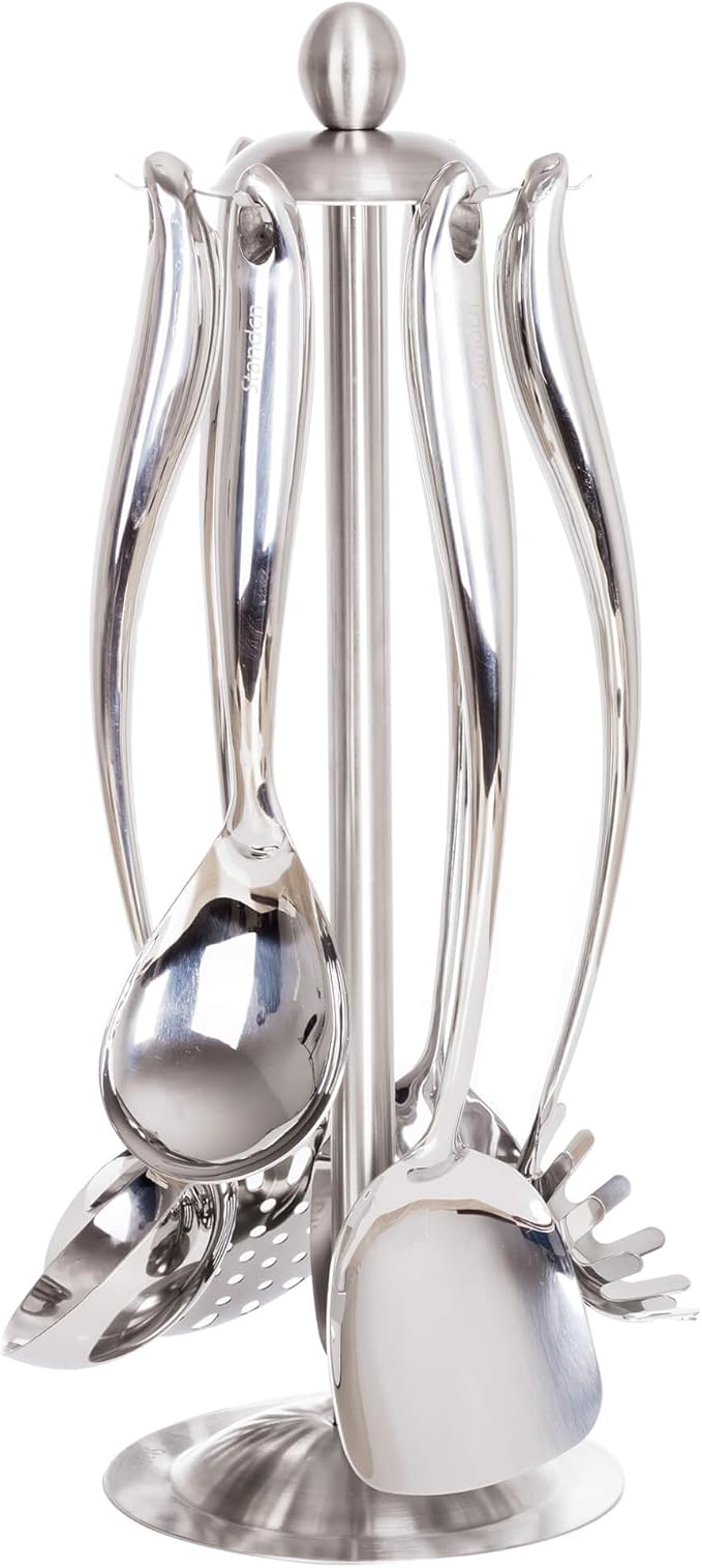 18/10 Stainless Steel Cooking Utensils Set with Holder, 7-Pieces All Metal Kitchen Utensils, 15?쇺?Long Kitchen Tools with Countertop Rotating Stand, Spatula, Ladle, Skimmer, Tunner, Pasta, Large Spoon