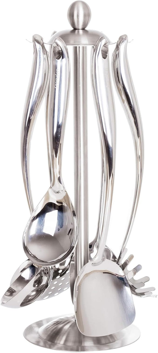 18/10 Stainless Steel Cooking Utensils Set with Holder, 7-Pieces All Metal Kitchen Utensils, 15?쇺?Long Kitchen Tools with Countertop Rotating Stand, Spatula, Ladle, Skimmer, Tunner, Pasta, Large Spoon