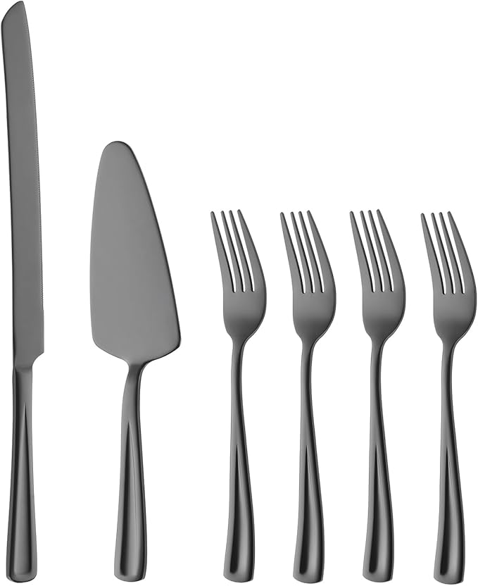 GoGeiLi Black Cake Knife and Server Set with Forks, 13-inch Stainless Steel Cake Cutting Set Include 4 Salad Forks, Wedding Cake Cutter Set, Mirror Polished & Dishwasher Safe