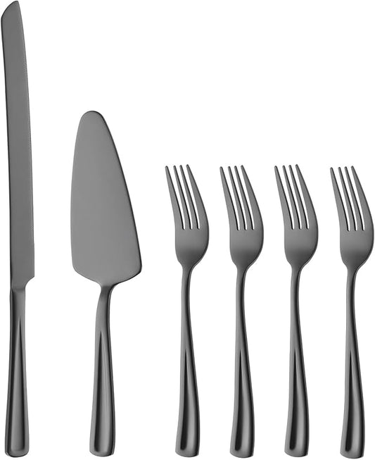 GoGeiLi Black Cake Knife and Server Set with Forks, 13-inch Stainless Steel Cake Cutting Set Include 4 Salad Forks, Wedding Cake Cutter Set, Mirror Polished & Dishwasher Safe