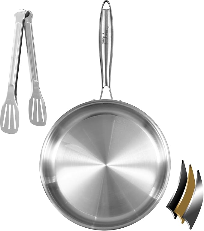 Tri-ply Stainless Steel Frying Pan 12 Inch Large Skillet for Chef's Cooking Pan Induction Oven Dishwasher Safe, Compatible with All Cooktops Up to 600??with Kitchen Tongs(Detachable Handle)