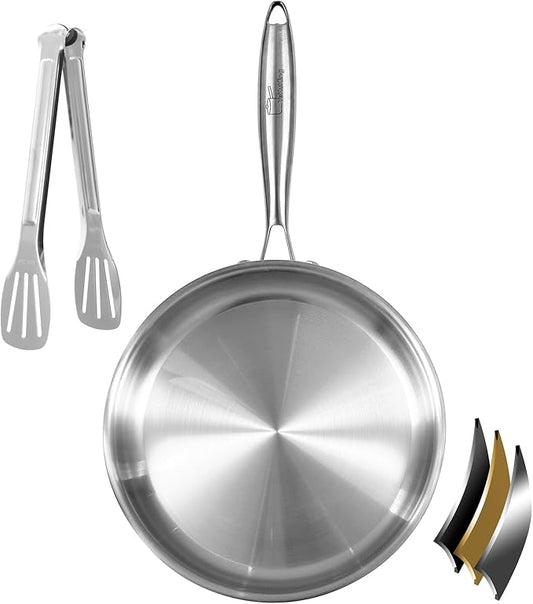 Tri-ply Stainless Steel Frying Pan 12 Inch Large Skillet for Chef's Cooking Pan Induction Oven Dishwasher Safe, Compatible with All Cooktops Up to 600??with Kitchen Tongs(Detachable Handle)