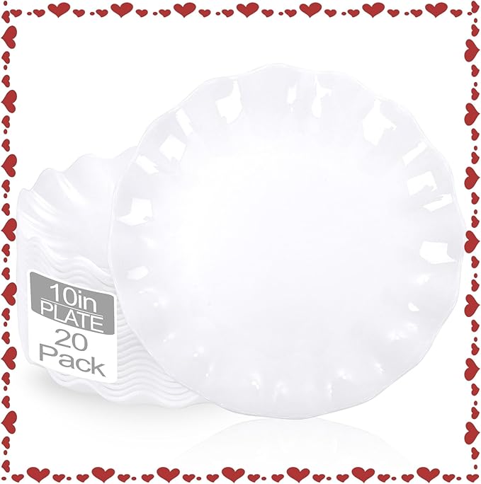 LIYH 20 Pcs 10 Incn White Scalloped Plastic Plates Reusable - Unbreakable Plastic Dinner Plates Camping Outside Plate Dishwasher Safe for Wedding Parties Birthdays Picnics - BPA Free