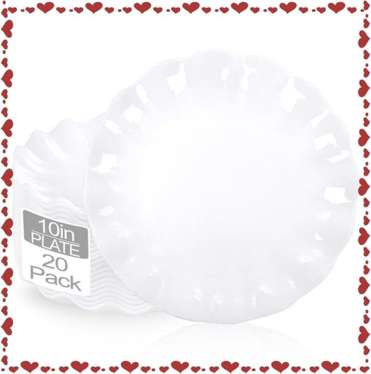 LIYH 20 Pcs 10 Incn White Scalloped Plastic Plates Reusable - Unbreakable Plastic Dinner Plates Camping Outside Plate Dishwasher Safe for Wedding Parties Birthdays Picnics - BPA Free