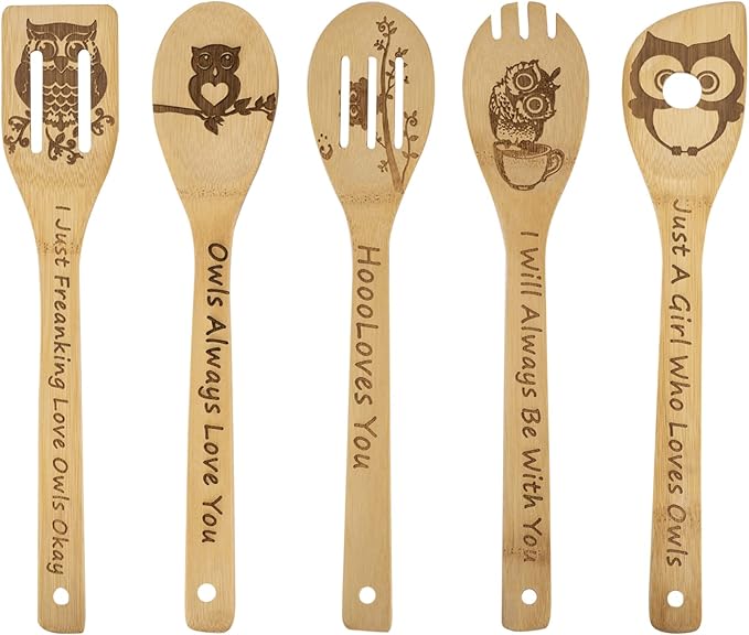 5PCS Owl Wooden Cooking Spoons,Owl Gifts,Owl Kitchen Gifts,Owl Gift,Cat Mom Gifts,Owl Decor,Owl Gifts for Owl Lovers,Owl Gifts for Women,Bamboo Cooking Spoons Housewarming Wedding Cooking