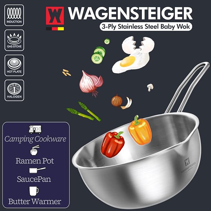 Stainless Steel Baby Wok 200mm / 7.87inches, 3-Ply Base with Aluminum Core, All Cooktops, Multipurpose Saucepan, Ramen Pot, On-the-go Cooking Pot for Outdoor or Camping