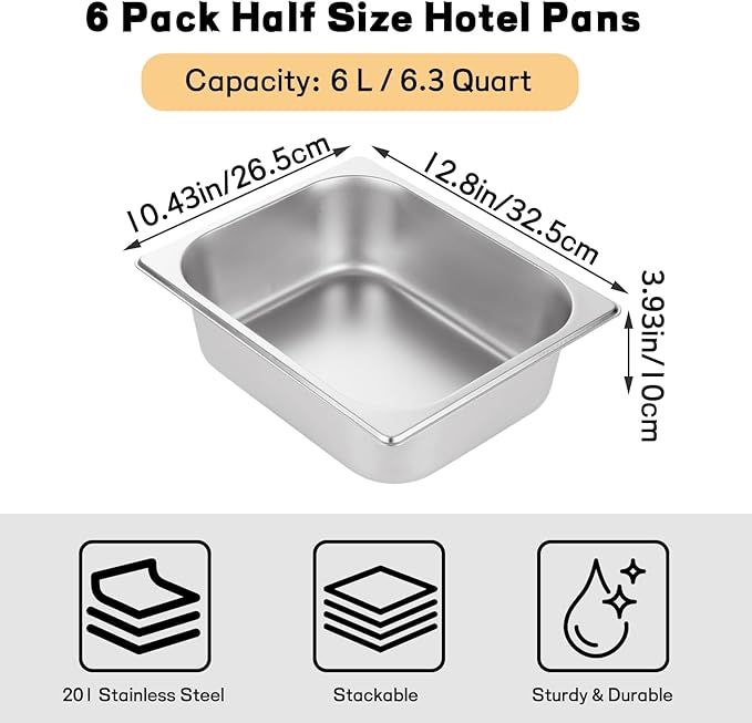 QTLCOHD 6 Pack Half Size Hotel Pans, 1/2 Inch 4 Inch Deep Stainless Steel Steam Table Pan, Commercial Food Pan for Chafing Dishes, Breading Trays for Hotel, Party, Buffet, Catering Supplies