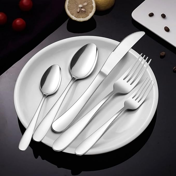 HaWare Heavy Duty Silverware Set with Serving Utensils, 45 Pieces Stainless Steel Flatware, Weight Tableware for 8, Modern Cutlery for Home, Dishwasher Safe, Mirror Polished